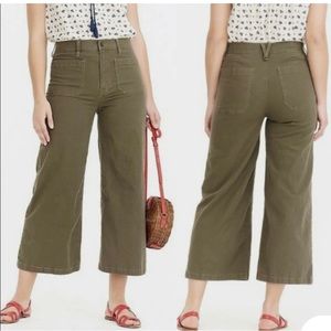 Point Sur olive green flared bottom cropped pant. Size 28P.